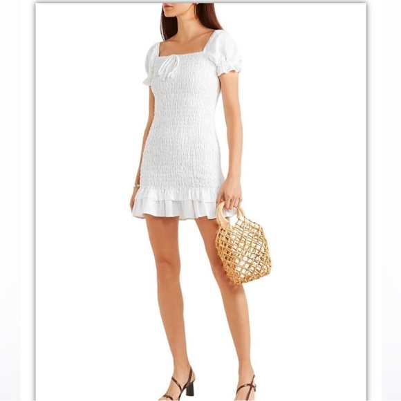 Faithfull The Brand Cette Mini Dress White size XS Linen Puff Sleeve Smocked - Picture 4 of 13